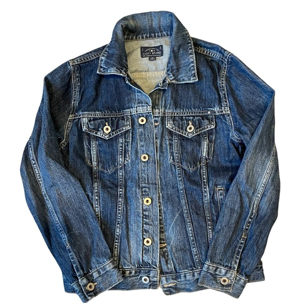 Lucky Brand Womens The Tomboy Trucker Denim Jean Jacket Medium Dark Wash Blue